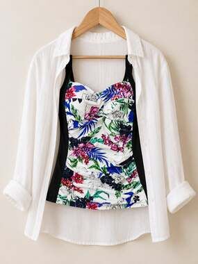 Hapari Floral Ruched Tankini Swim Top Black Tropical Print Women’s XL 16